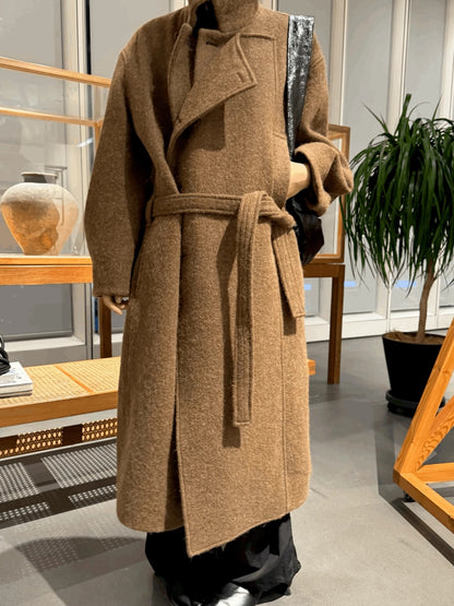 Lemaire Alpaca Wool Blend Trench Coat - Brown Stand Collar Robe