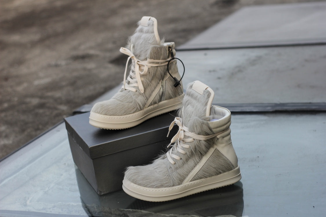 24SS Pony Hair RO High-Top Sneakers – Leather Thick Sole Casual Shoes Unisex