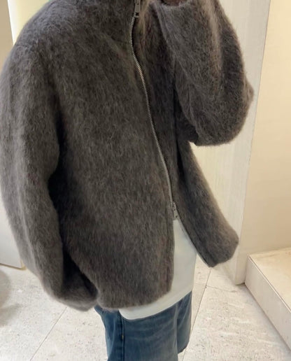 Our Legacy Grey Mohair Zip Cardigan – Wool Blend Relaxed Hooded Knit