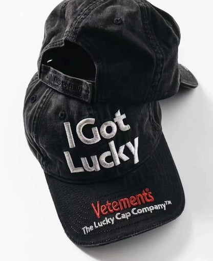 Vetements 22FW Washed Gray Embroidered Baseball Cap ’I Got Lucky’ Long Brim Hat