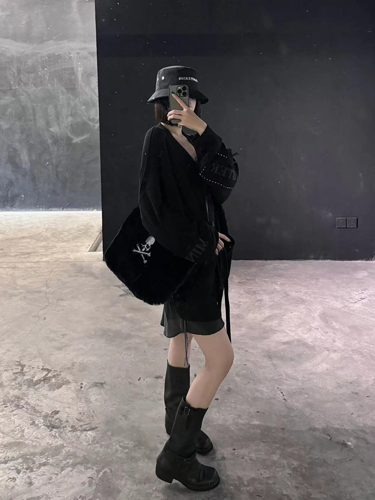 Mastermind MMJOnline Skull Embroidery Dark Fur Large Shoulder Bag- Messenger Bag - 32x40x18(cm)