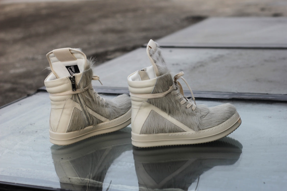 24SS Pony Hair RO High-Top Sneakers – Leather Thick Sole Casual Shoes Unisex