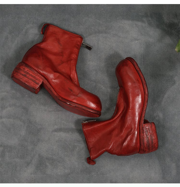 Guidi Horse Leather Distressed Chunky Heel Mid-Calf Ankle Boots PL1/2 Front-Zip