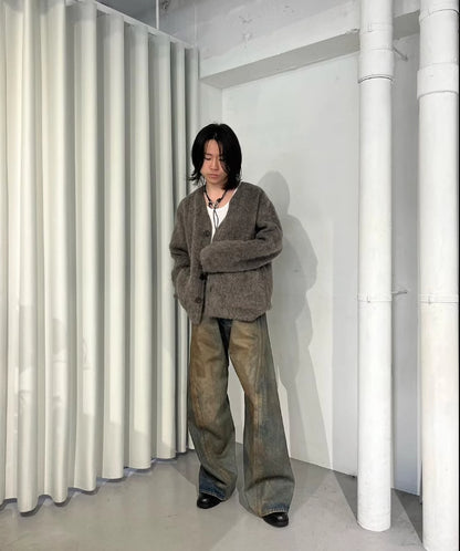 Our Legacy Gray-Brown Mohair Cardigan Wool Blend Knitted Long Sleeve V-Neck Sweater