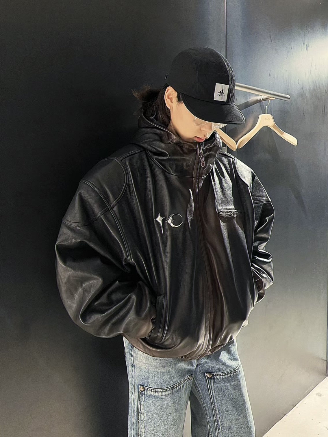 Thug Club Heavyweight Washed Goatskin Hooded Leather Short Padded Jacket