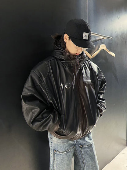 Thug Club Heavyweight Washed Goatskin Hooded Leather Short Padded Jacket