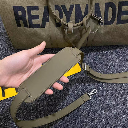 Readymade Overnight Bag - Army Green Canvas Embroidered Travel Bucket Gym Bag - Green