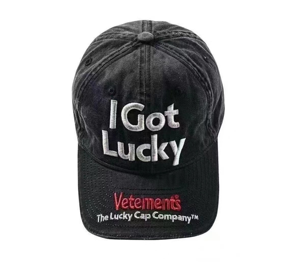 Vetements 22FW Washed Gray Embroidered Baseball Cap ’I Got Lucky’ Long Brim Hat