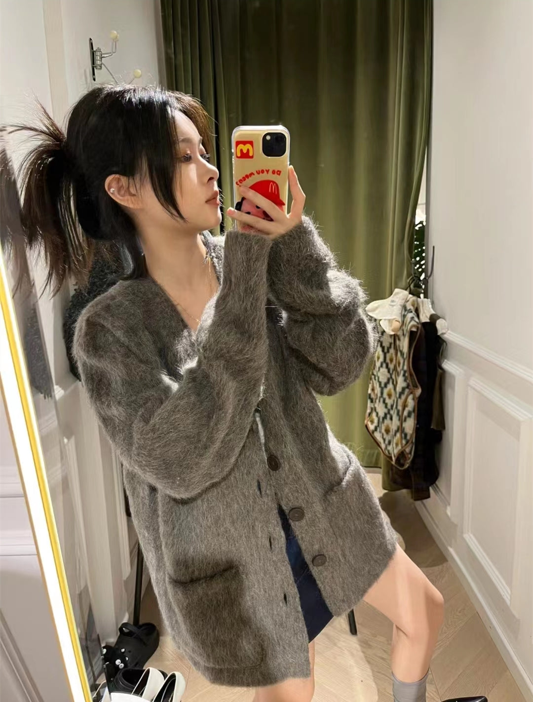Our Legacy Gray-Brown Mohair Cardigan Wool Blend Knitted Long Sleeve V-Neck Sweater