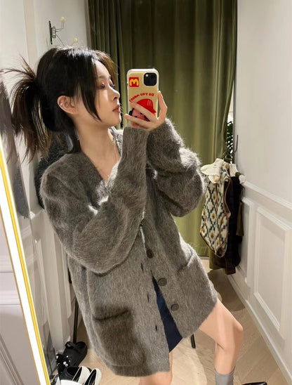 Our Legacy Gray-Brown Mohair Cardigan Wool Blend Knitted Long Sleeve V-Neck Sweater