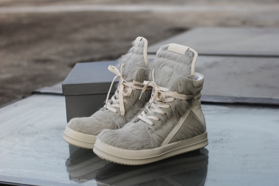 24SS Pony Hair RO High-Top Sneakers – Leather Thick Sole Casual Shoes Unisex