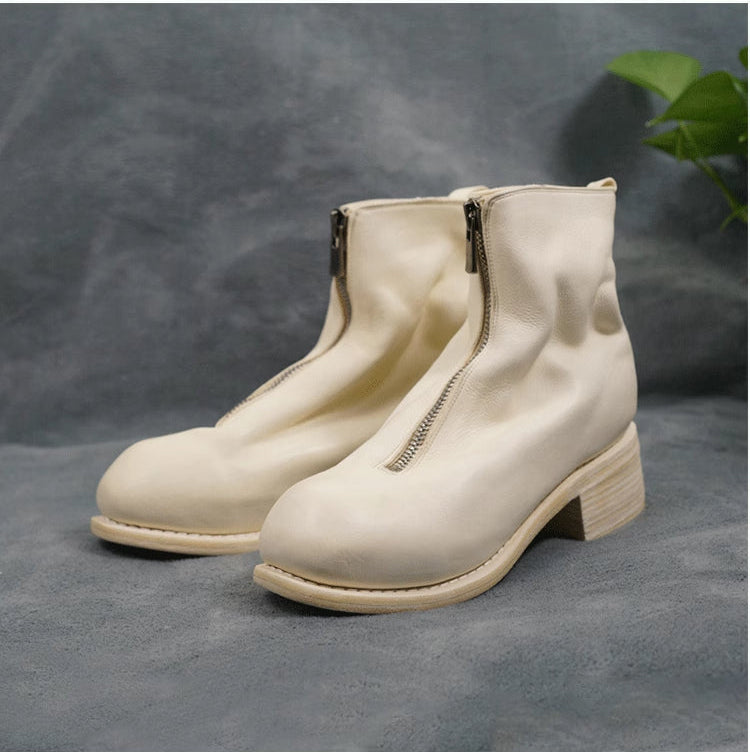 Guidi Horse Leather Distressed Chunky Heel Mid-Calf Ankle Boots PL1/2 Front-Zip