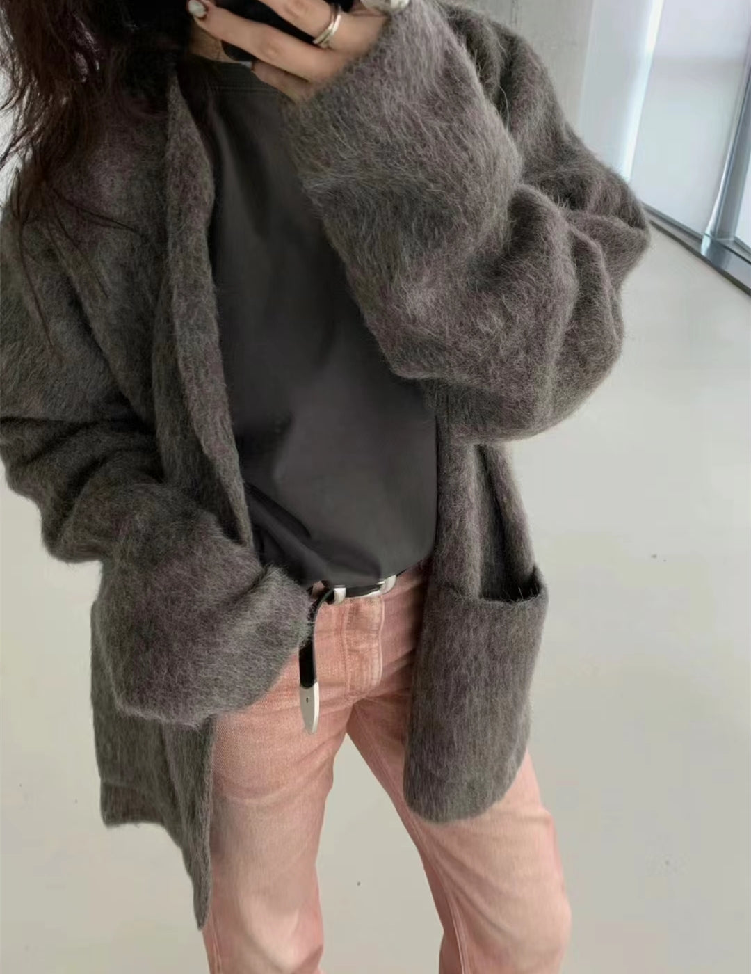 Our Legacy Gray-Brown Mohair Cardigan Wool Blend Knitted Long Sleeve V-Neck Sweater