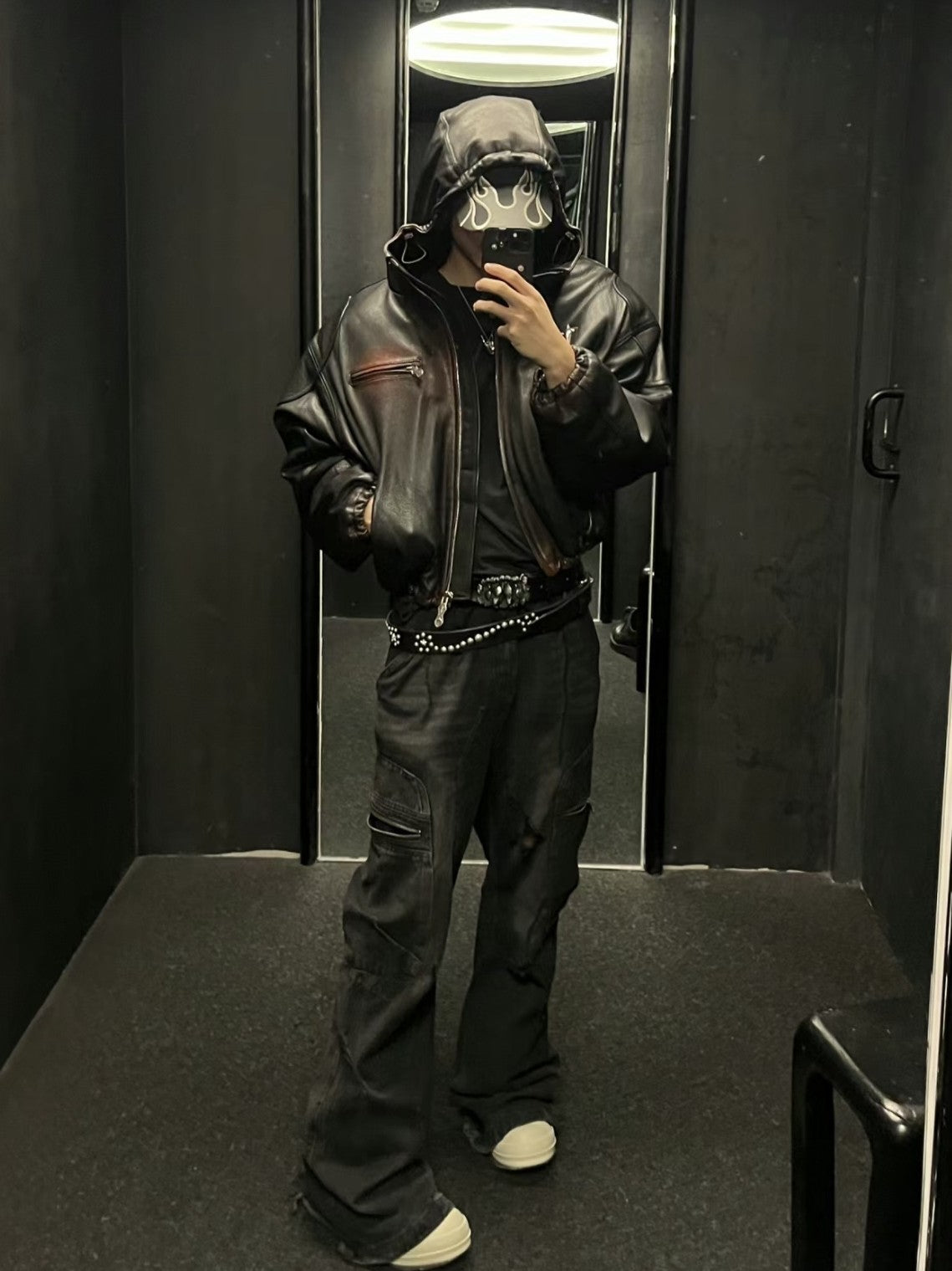 Thug Club Heavyweight Washed Goatskin Hooded Leather Short Padded Jacket