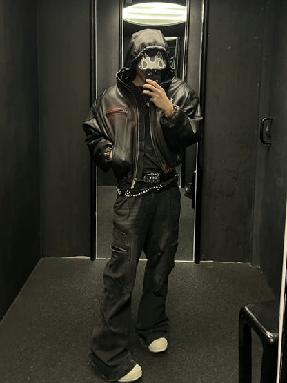 Thug Club Heavyweight Washed Goatskin Hooded Leather Short Padded Jacket