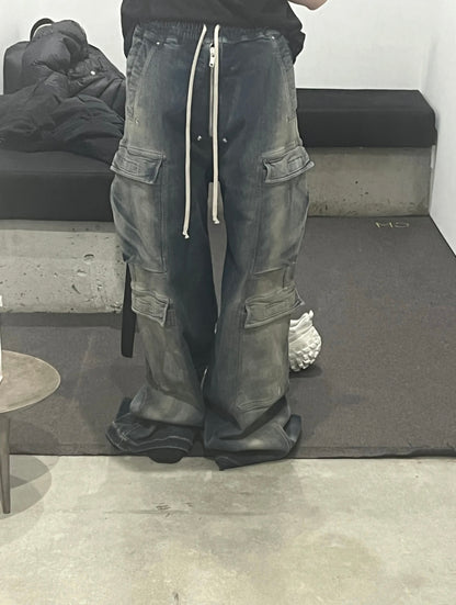 Ro Washed Gradient Multi-Pocket Cargo Jeans Straight Drawstring Wide-Leg Flare - Size avaliable S 46 M 48 L 50