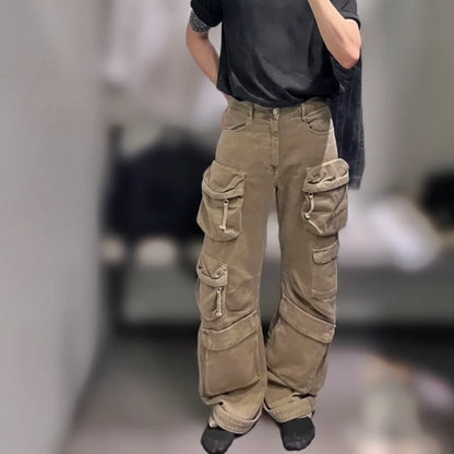 24SS Techwear Washed Denim Wide-Leg Heavyweight Cargo Pants Pockets Workwear