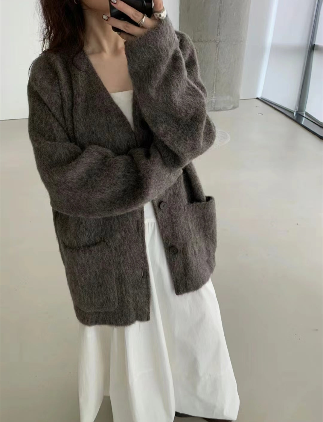 Our Legacy Gray-Brown Mohair Cardigan Wool Blend Knitted Long Sleeve V-Neck Sweater