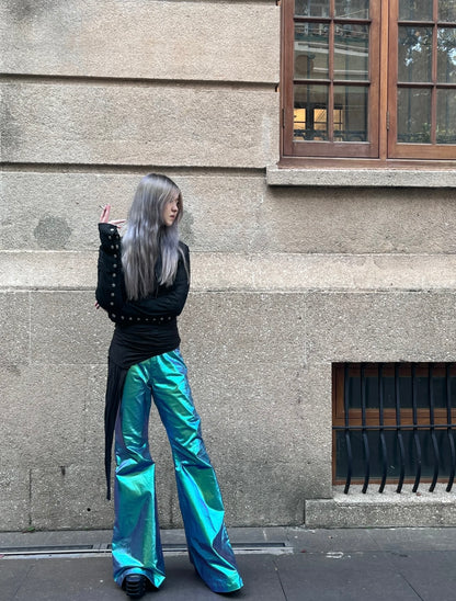 Rick Owen Acbt Coated Green Iridescent Flared Jeans - Wide-Leg Stacked Pants