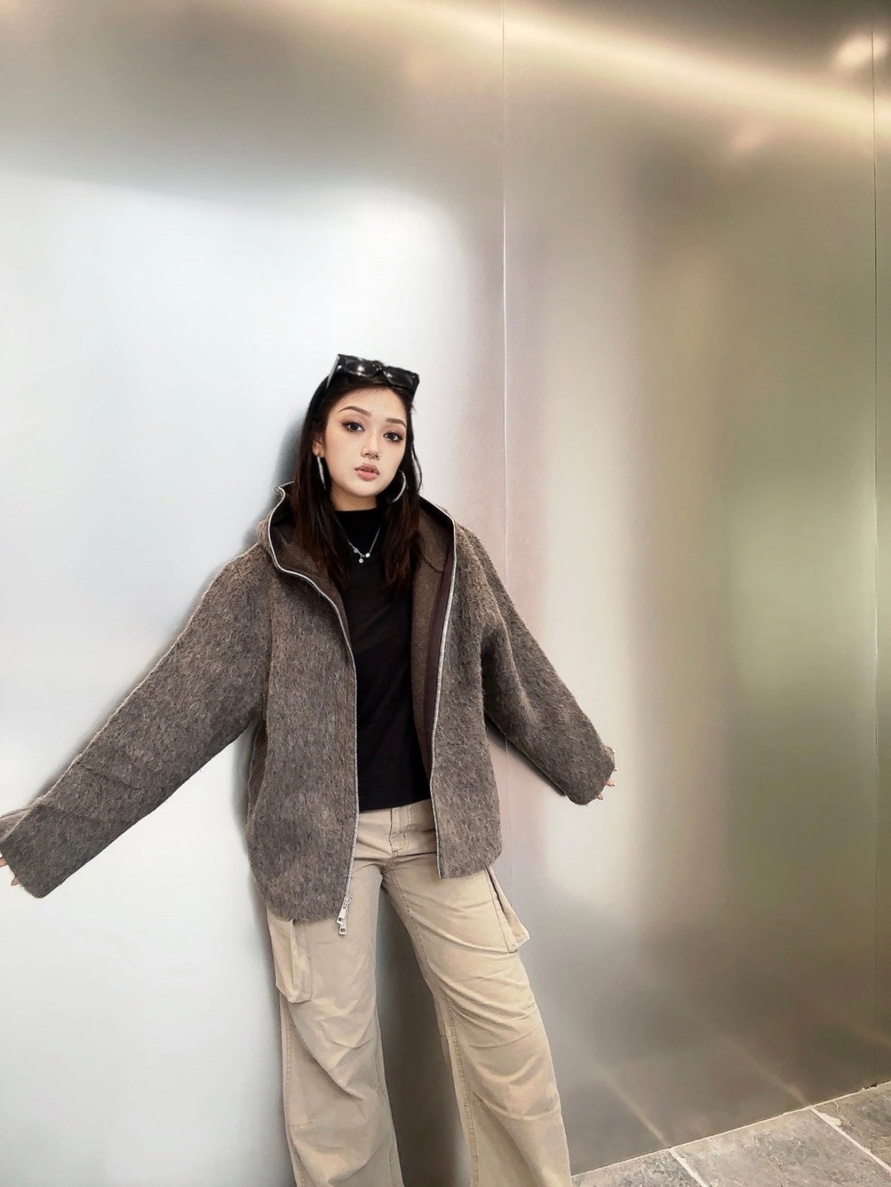 Our Legacy Grey Mohair Zip Cardigan – Wool Blend Relaxed Hooded Knit