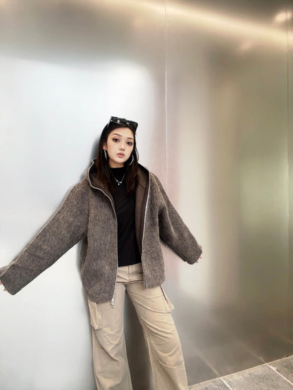 Our Legacy Grey Mohair Zip Cardigan – Wool Blend Relaxed Hooded Knit