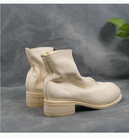 Guidi Horse Leather Distressed Chunky Heel Mid-Calf Ankle Boots PL1/2 Front-Zip