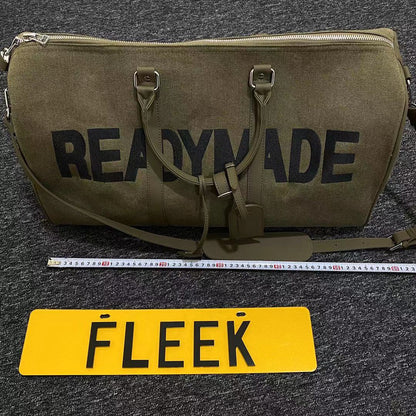 Readymade Overnight Bag - Army Green Canvas Embroidered Travel Bucket Gym Bag - Green