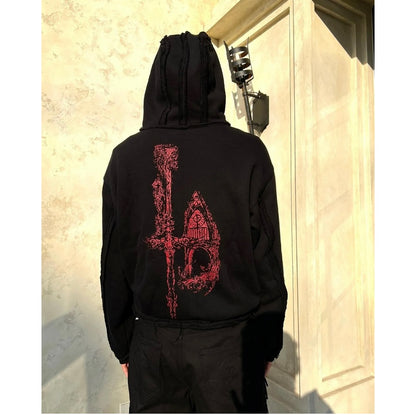 THUG CLUB Heavyweight Hoodie Dragon Spine Demon Print Studded Washed Zip-Up Jackets