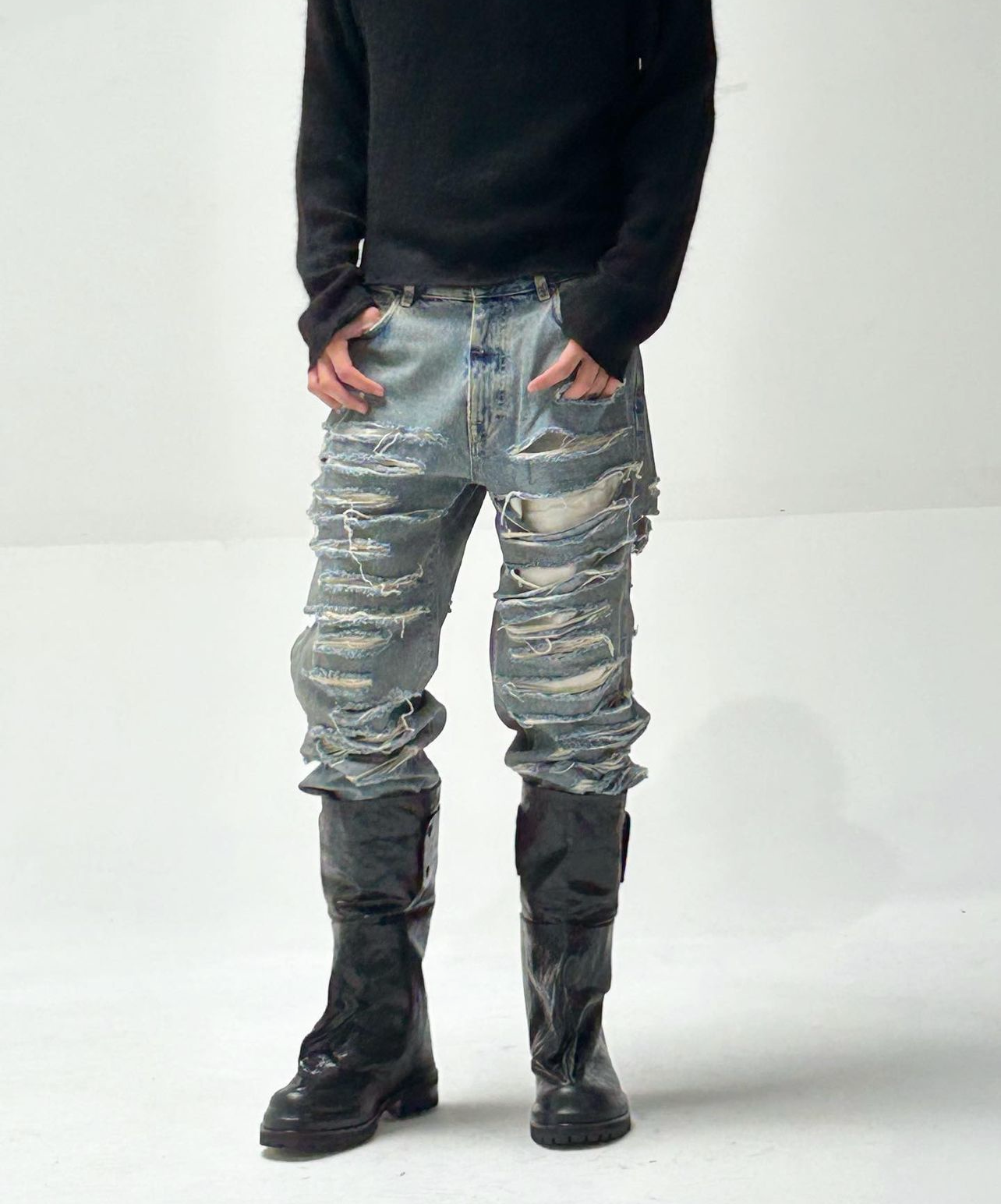 424 Distressed Leather Slouch Boots Oversized Crinkled Biker High Boots