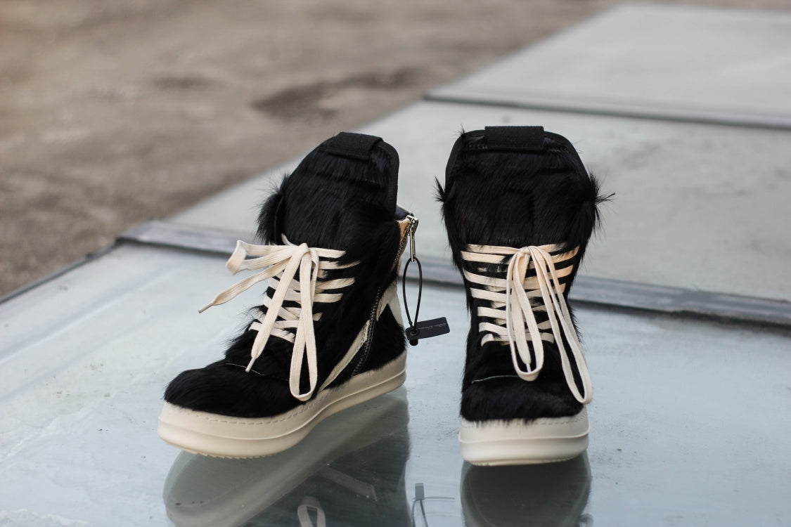 24SS Pony Hair RO High-Top Sneakers – Leather Thick Sole Casual Shoes Unisex