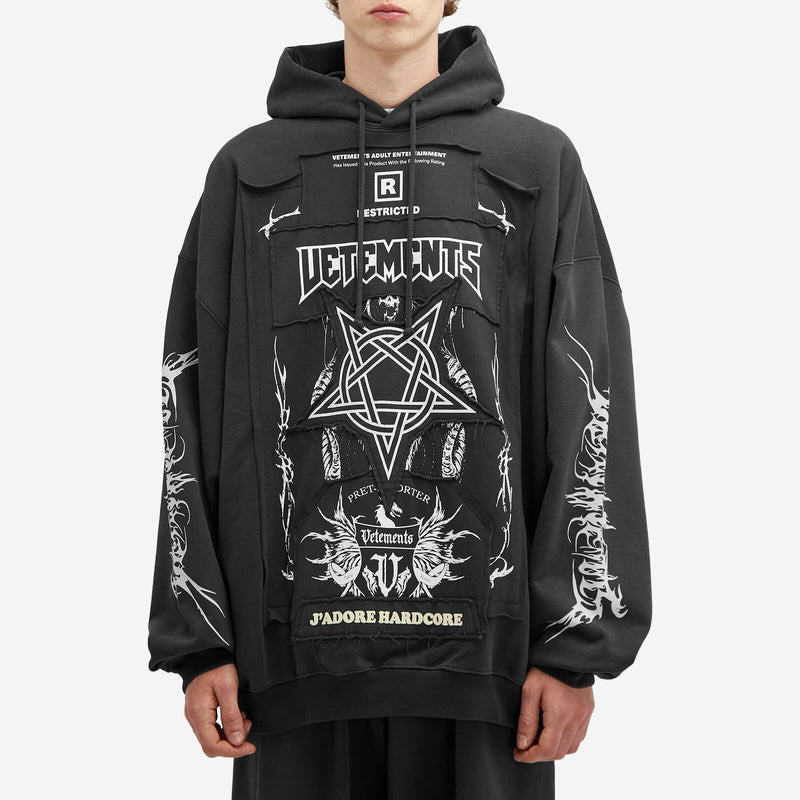 Vetements Oversized Hoodie J’adore Hardcore Patchwork Black Patched Logo