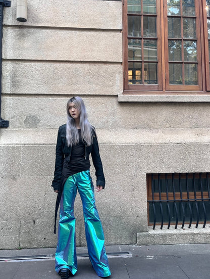 Rick Owen Acbt Coated Green Iridescent Flared Jeans - Wide-Leg Stacked Pants