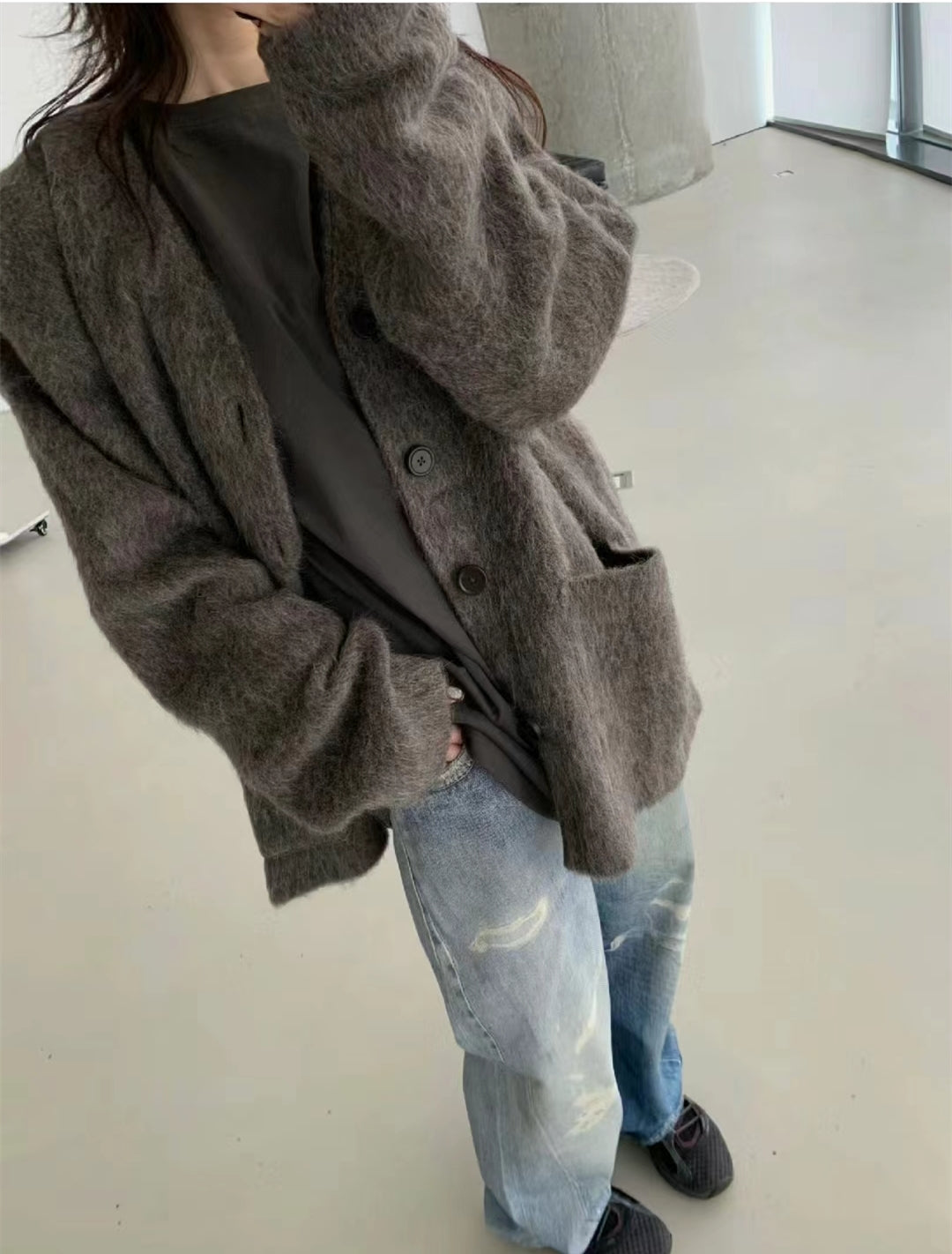 Our Legacy Gray-Brown Mohair Cardigan Wool Blend Knitted Long Sleeve V-Neck Sweater