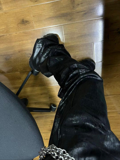 Rick Owen ACBT Dark Waxed Black Denim Pants – High Stretch Flared Wide-Leg Trousers - Size avaliable 28~34