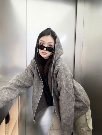 Our Legacy Grey Mohair Zip Cardigan – Wool Blend Relaxed Hooded Knit
