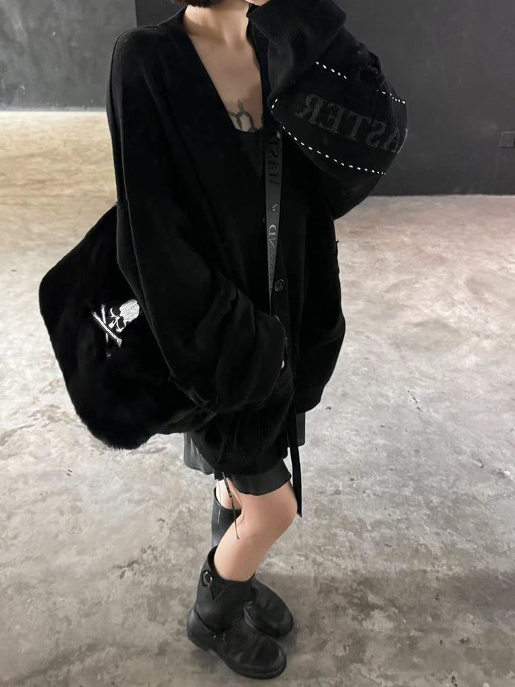 Mastermind MMJOnline Skull Embroidery Dark Fur Large Shoulder Bag- Messenger Bag - 32x40x18(cm)