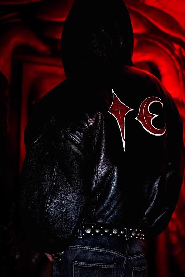 Thug Club Heavyweight Washed Goatskin Hooded Leather Short Padded Jacket