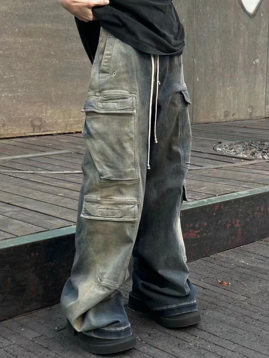 Ro Washed Gradient Multi-Pocket Cargo Jeans Straight Drawstring Wide-Leg Flare - Donclickin