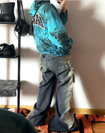 Ro Washed Gradient Multi-Pocket Cargo Jeans Straight Drawstring Wide-Leg Flare - Size avaliable S 46 M 48 L 50