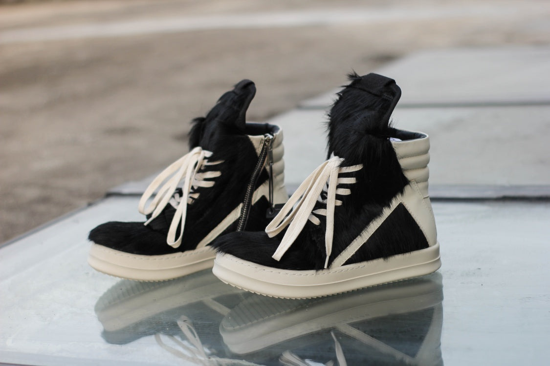 24SS Pony Hair RO High-Top Sneakers – Leather Thick Sole Casual Shoes Unisex