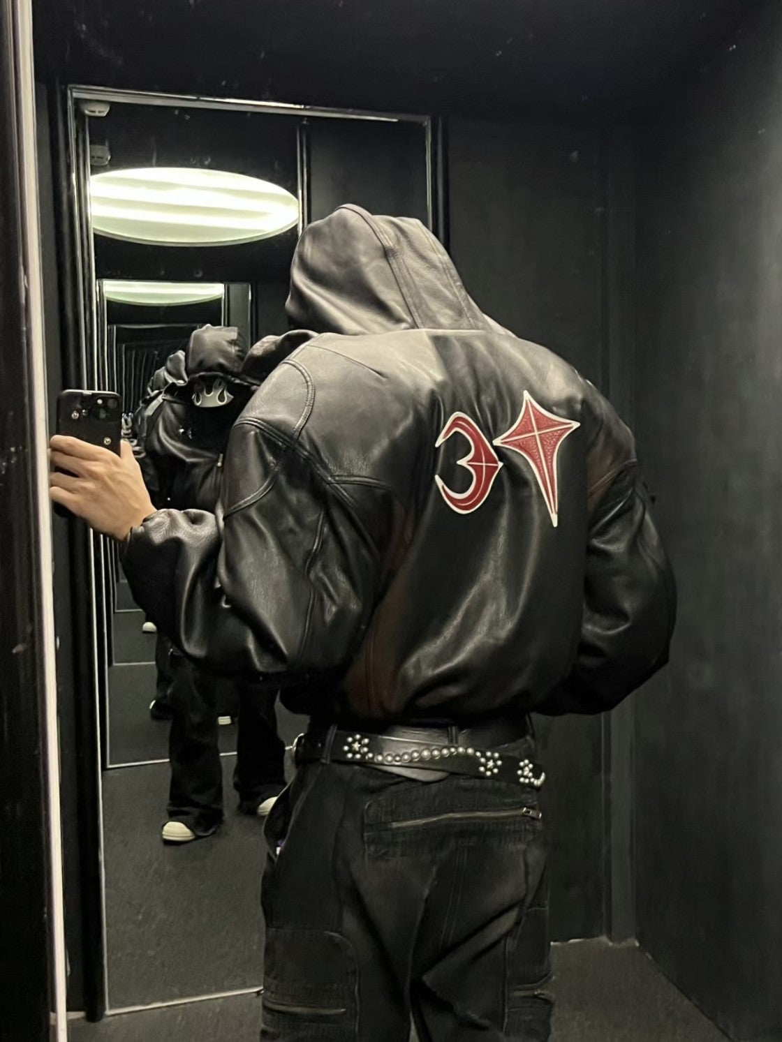 Thug Club Heavyweight Washed Goatskin Hooded Leather Short Padded Jacket