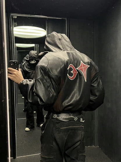 Thug Club Heavyweight Washed Goatskin Hooded Leather Short Padded Jacket