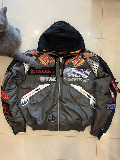 VTM Bomber Jacket Vetement Embroidered Patchwork Detail Racing Hoodie - Size avaliable S M L
