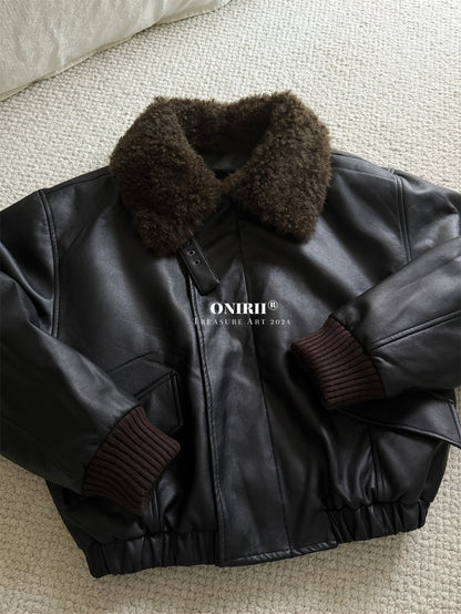 Heavyweight Le*maire Quilted Jacket Imported Lamb Wool Collar Gray-Black Padded Coats