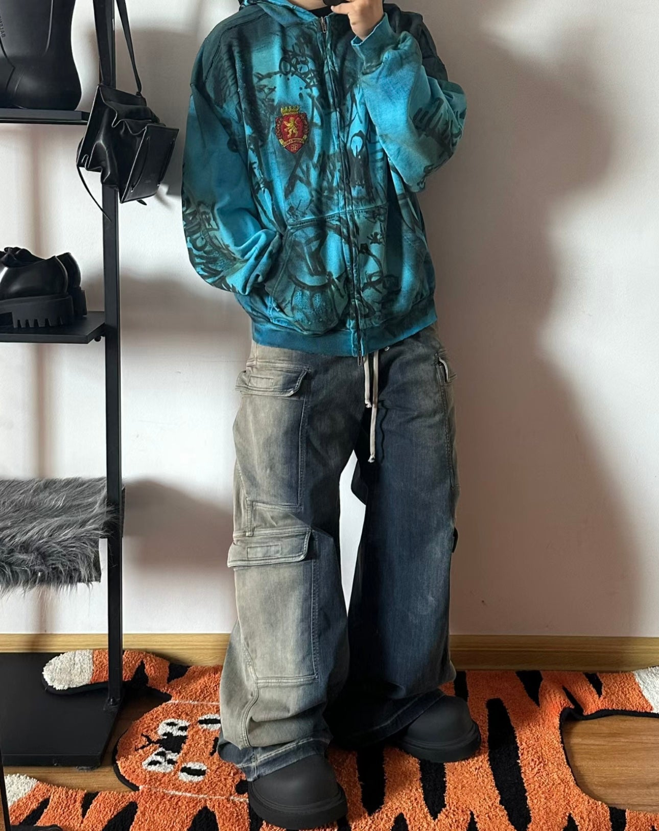 Ro Washed Gradient Multi-Pocket Cargo Jeans Straight Drawstring Wide-Leg Flare - Size avaliable S 46 M 48 L 50