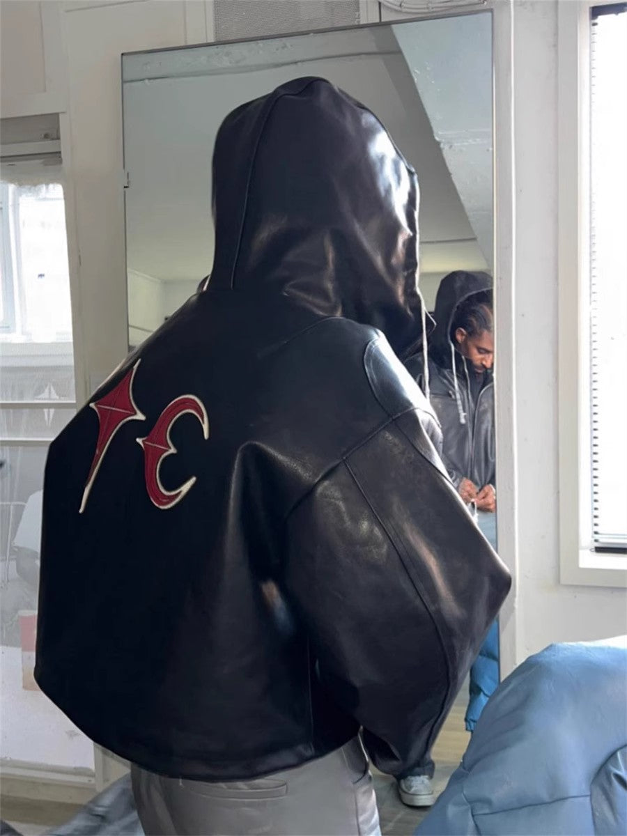 Thug Club Heavyweight Washed Goatskin Hooded Leather Short Padded Jacket