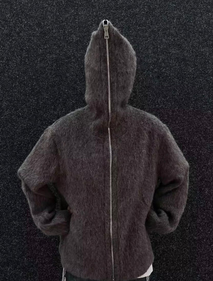 Our Legacy Grey Mohair Zip Cardigan – Wool Blend Relaxed Hooded Knit