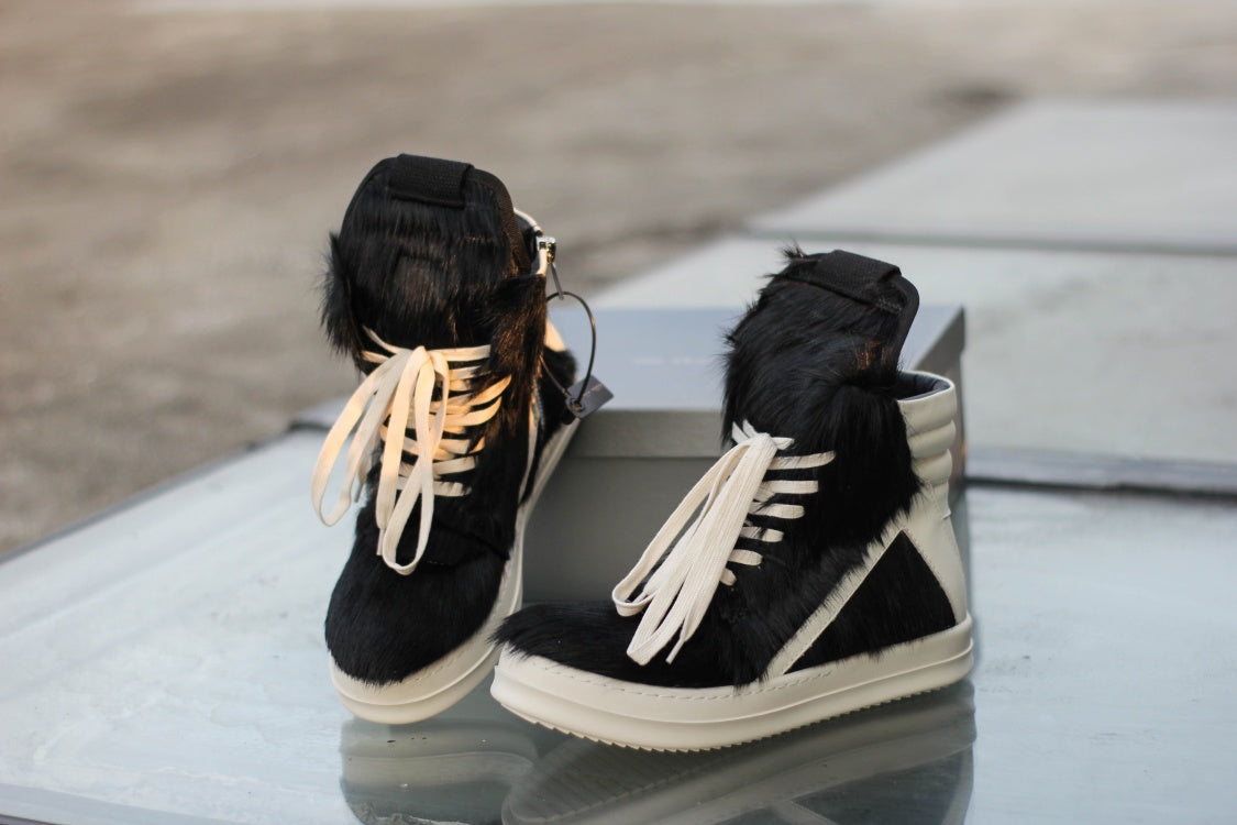 24SS Pony Hair RO High-Top Sneakers – Leather Thick Sole Casual Shoes Unisex