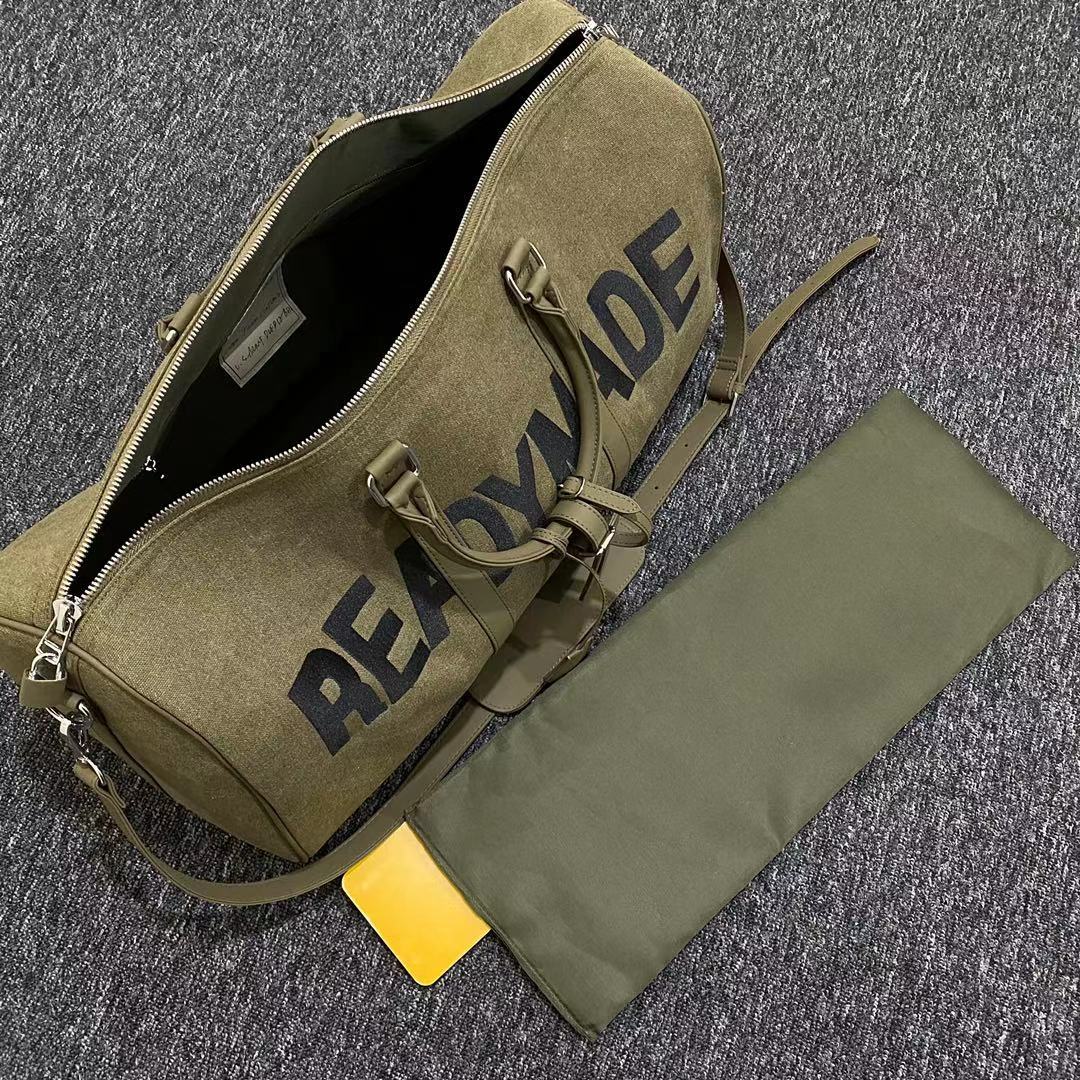 Readymade Overnight Bag - Army Green Canvas Embroidered Travel Bucket Gym Bag - Green