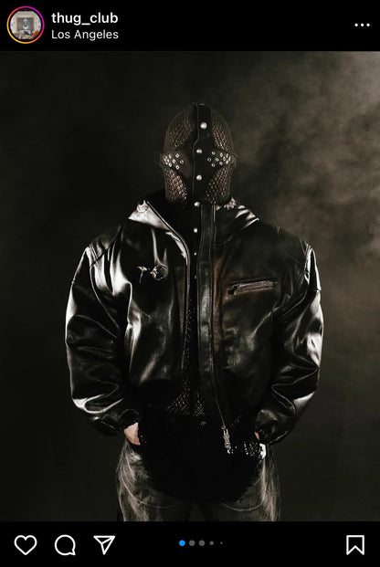 Thug Club Heavyweight Washed Goatskin Hooded Leather Short Padded Jacket